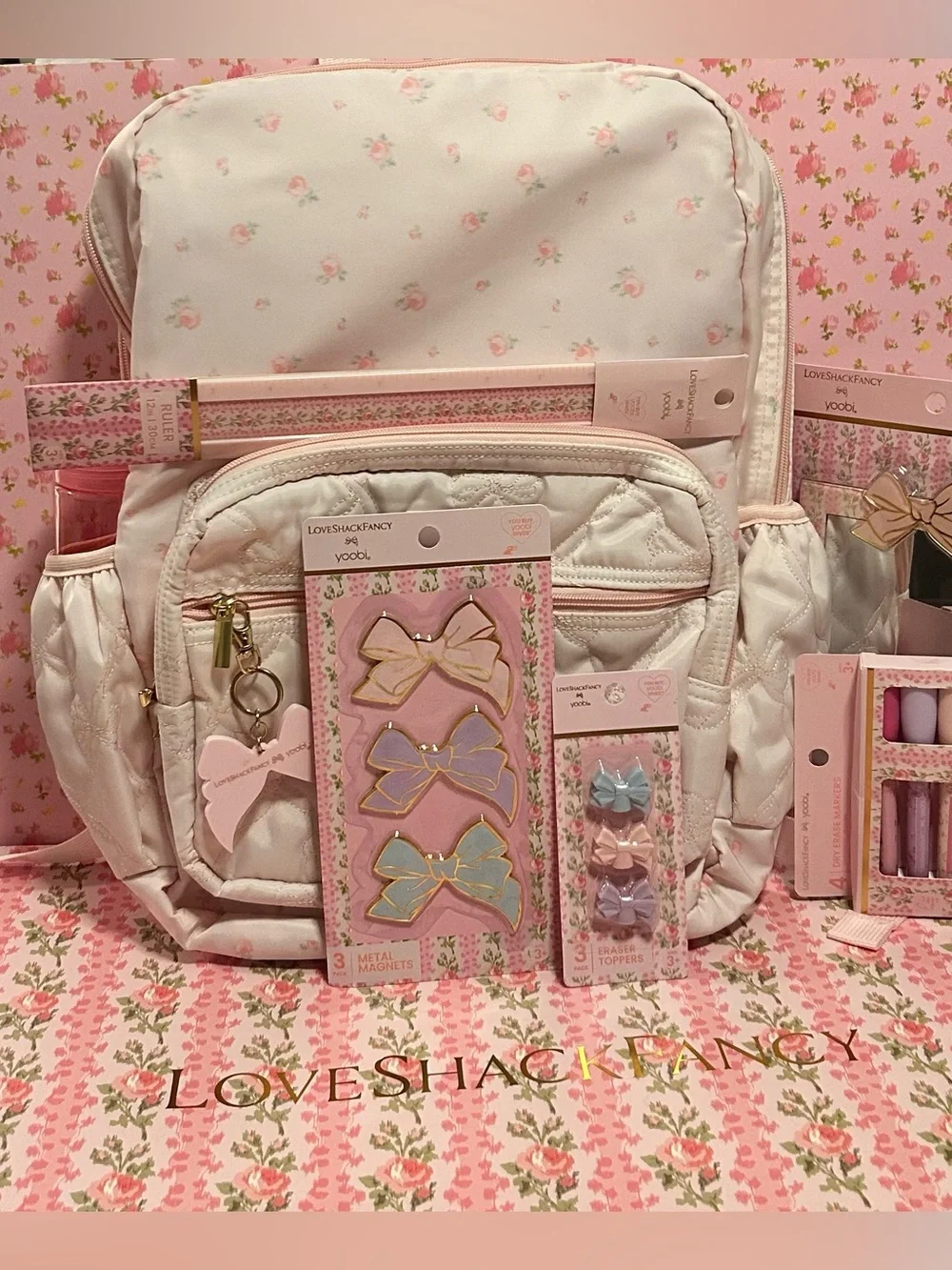 LoveShackFancy NWT  Backpack with Bow Charms and School/Office Supply Set - Picture 2 of 16